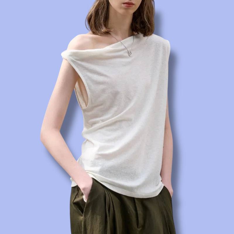 Women’s Summer French Cotton Linen One-Shoulder Top