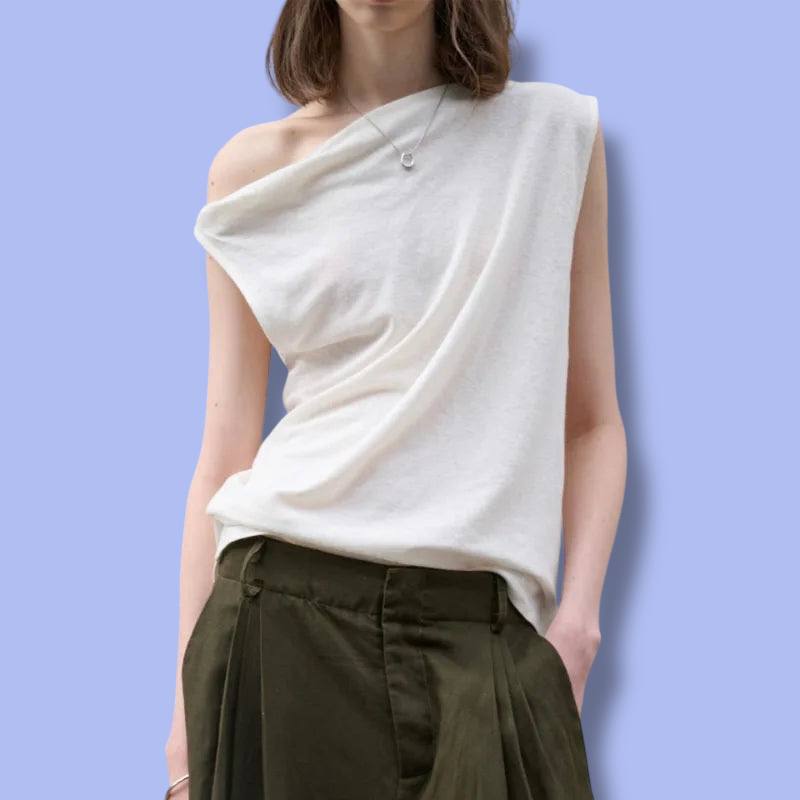 Women’s Summer French Cotton Linen One-Shoulder Top