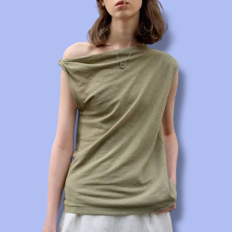 Women’s Summer French Cotton Linen One-Shoulder Top