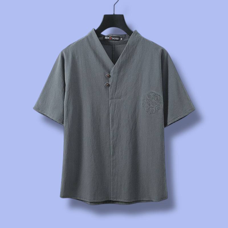 V-Neck Short Sleeve Linen Blend Shirt