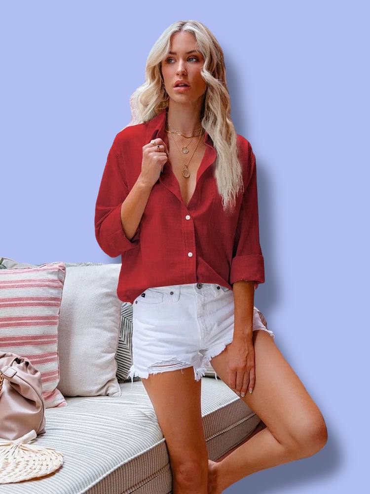Women’s Casual Cotton Linen Lapel Shirt