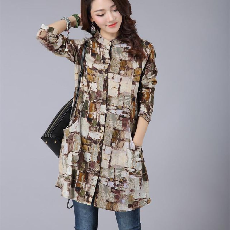 Women Long Sleeve Vintage Cotton Linen Plaid Shirt