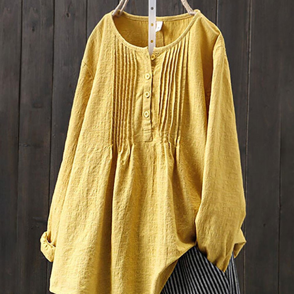 Women's Long Sleeve O Neck Loose Cotton and Linen Blouse