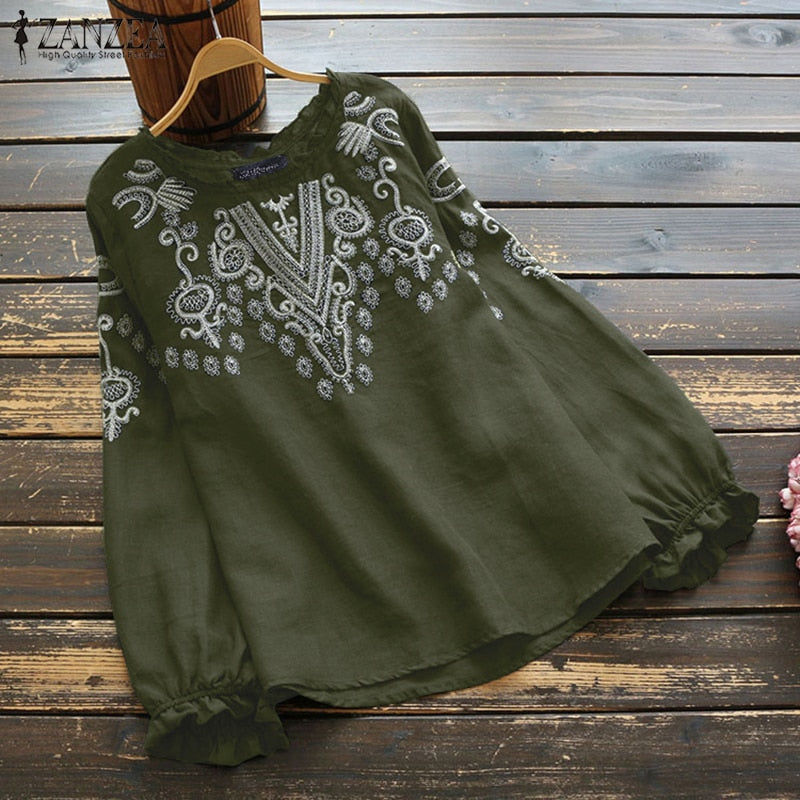 Women's Long Sleeve O Neck Cotton Linen Blouse