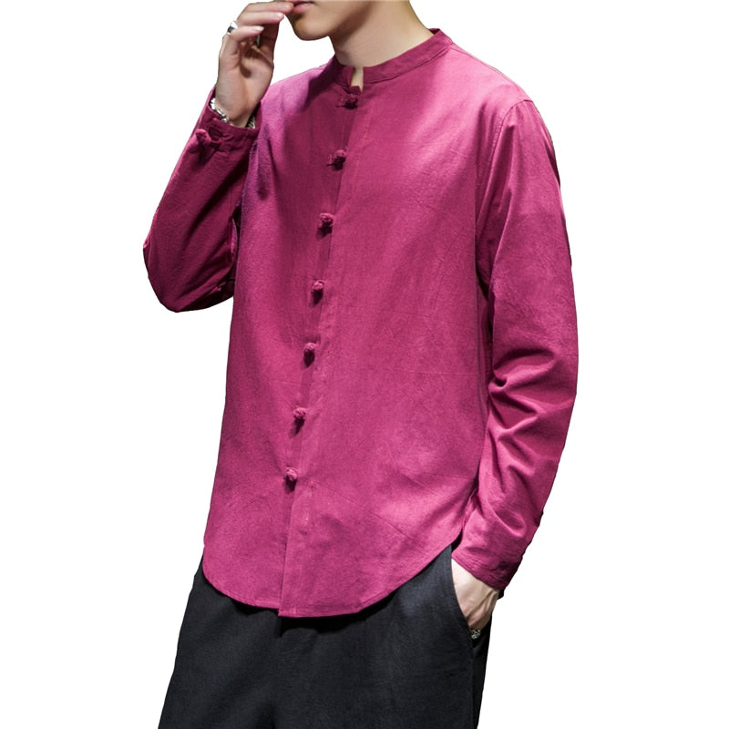 Men's Long Sleeve Linen Shirt with Stand-up Collar