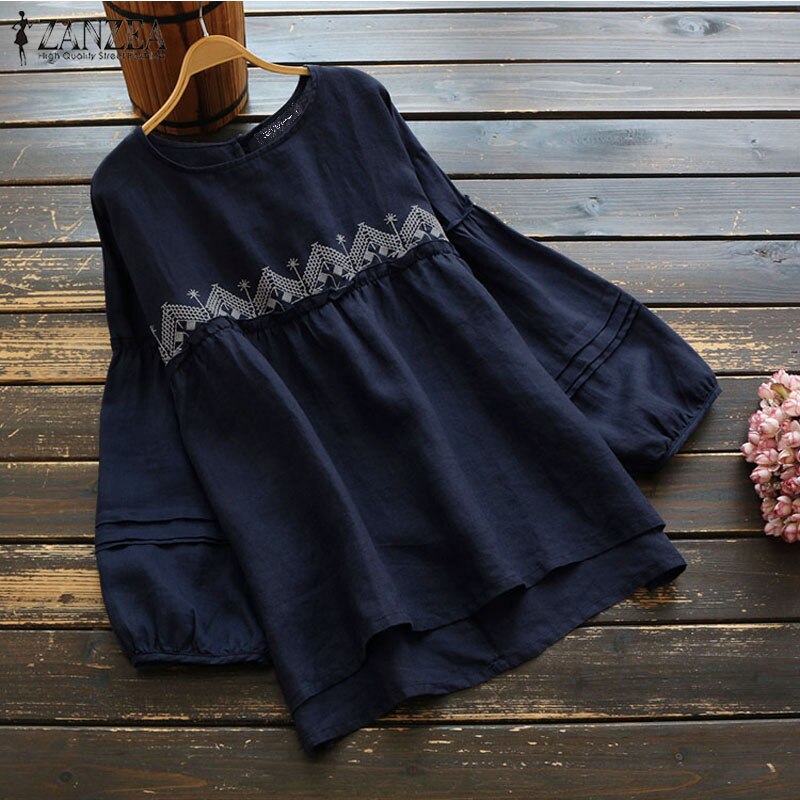 Women's Long Sleeve Embroidery O Neck Cotton Linen Shirt