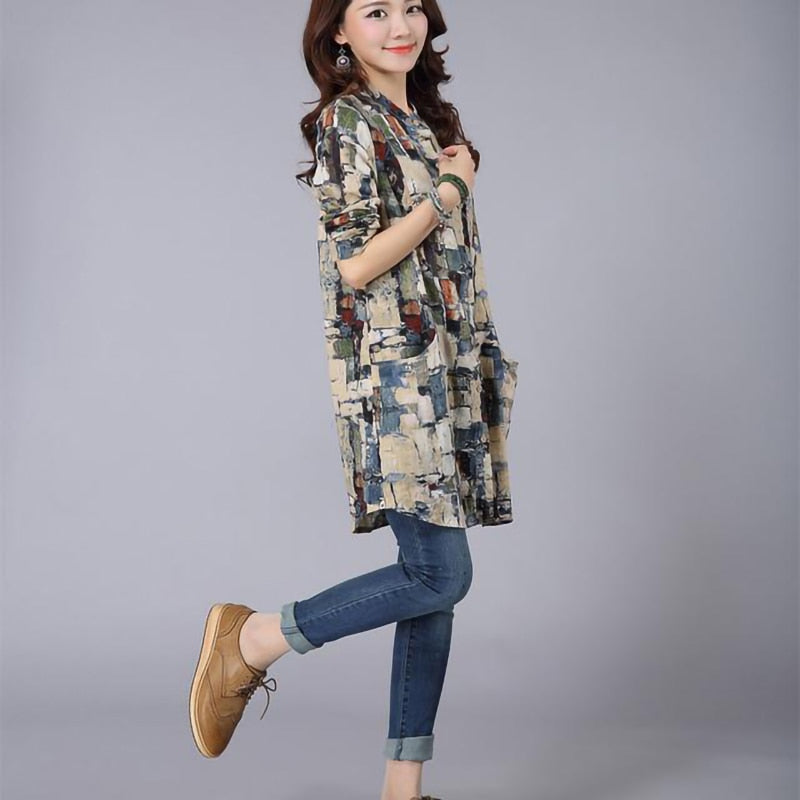 Women Long Sleeve Vintage Cotton Linen Plaid Shirt