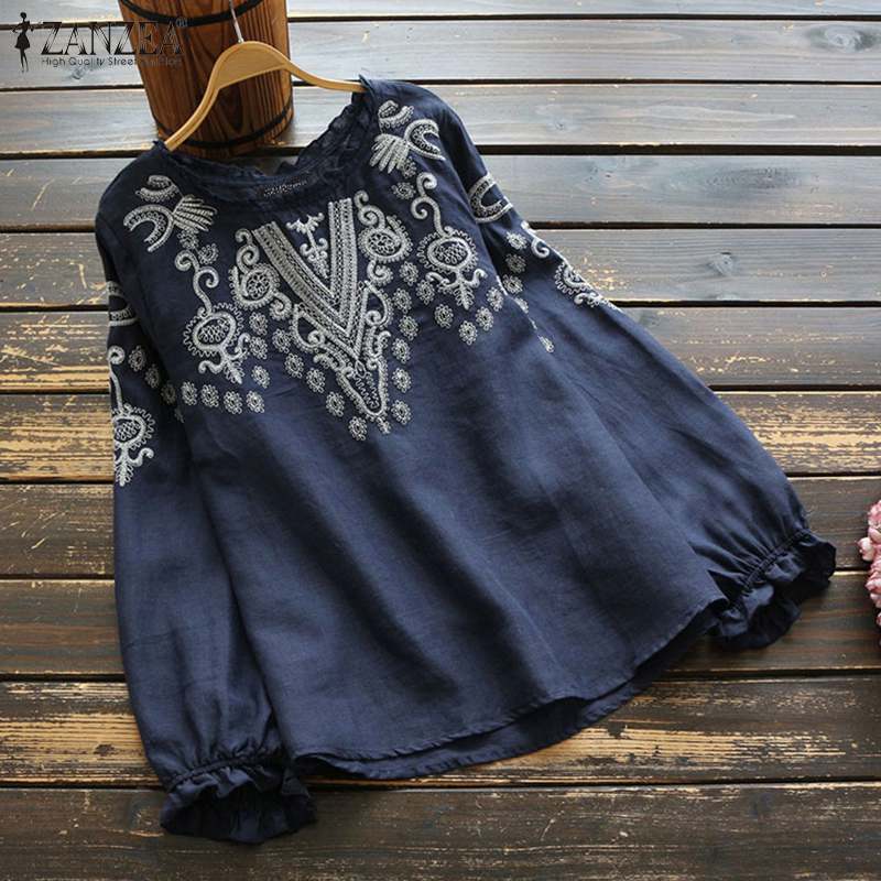 Women's Long Sleeve O Neck Cotton Linen Blouse