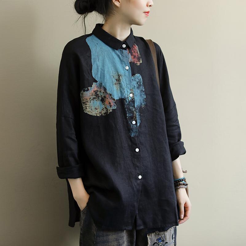 Women Long Sleeve Loose Vintage Print Cotton Linen Shirts