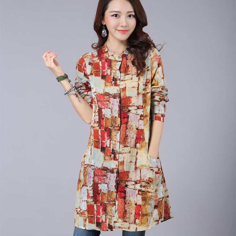 Women Long Sleeve Vintage Cotton Linen Plaid Shirt