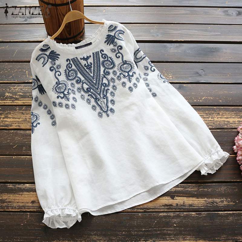 Women's Long Sleeve O Neck Cotton Linen Blouse