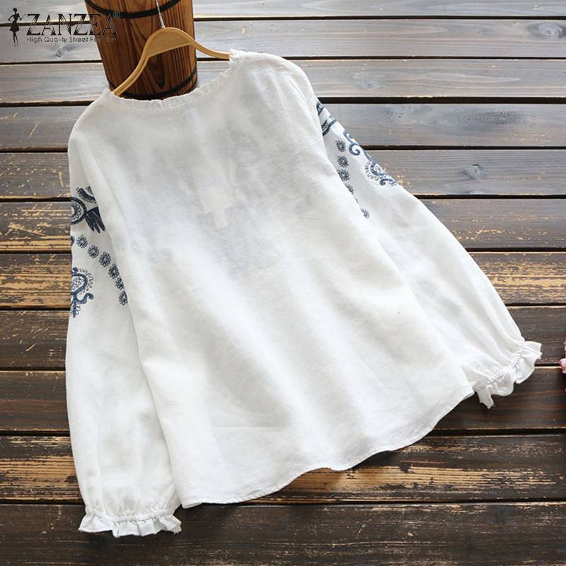 Women's Long Sleeve O Neck Cotton Linen Blouse