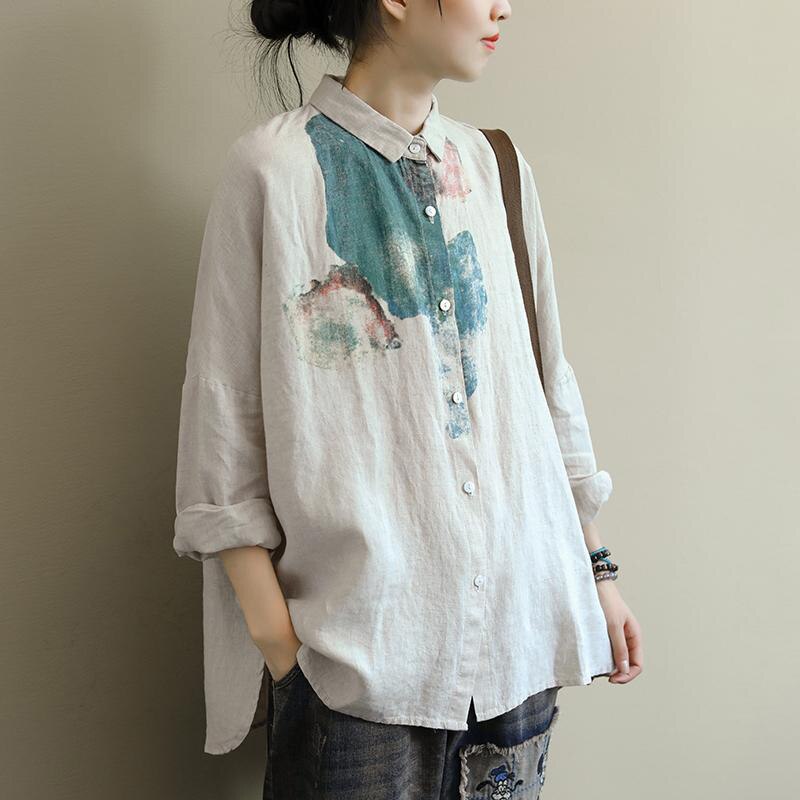 Women Long Sleeve Loose Vintage Print Cotton Linen Shirts