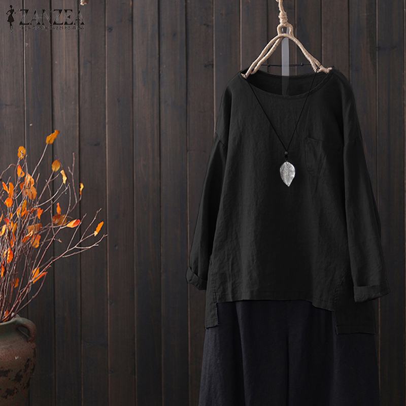 Women's Long Sleeve O Neck Cotton Linen Blouse