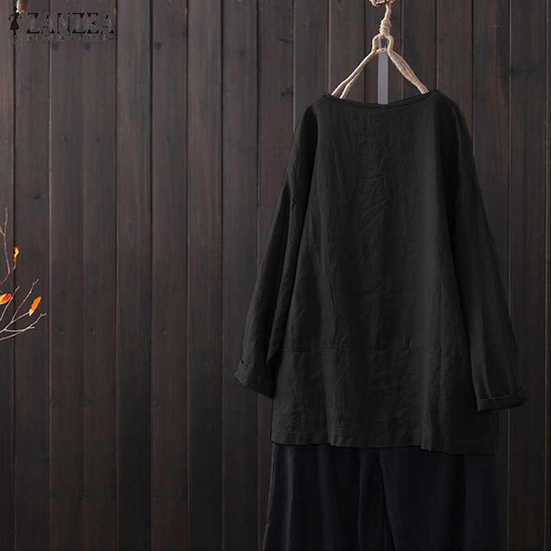 Women's Long Sleeve O Neck Cotton Linen Blouse