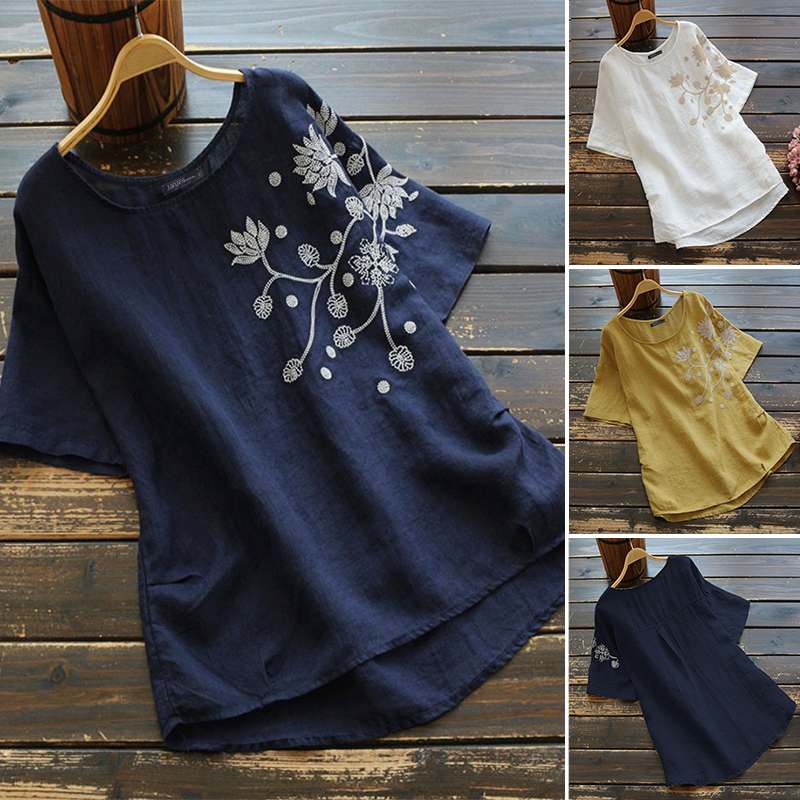 Women's Short Sleeve O Neck Cotton Linen Shirt