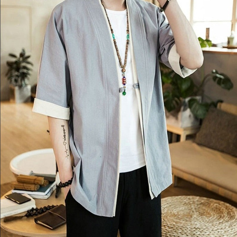 Men's Short Sleeve Streetwear Black COTTON Linen Shirts