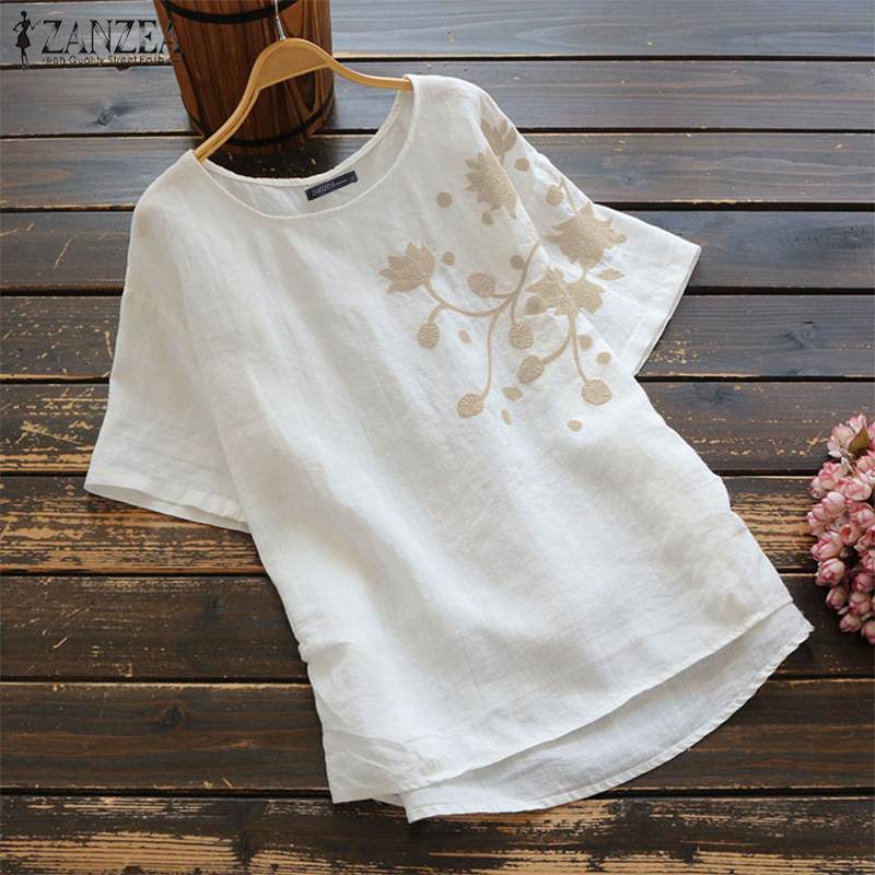Women's Short Sleeve O Neck Cotton Linen Shirt