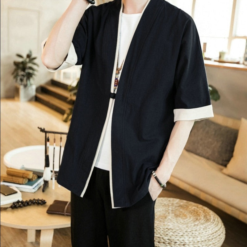 Men's Short Sleeve Streetwear Black COTTON Linen Shirts