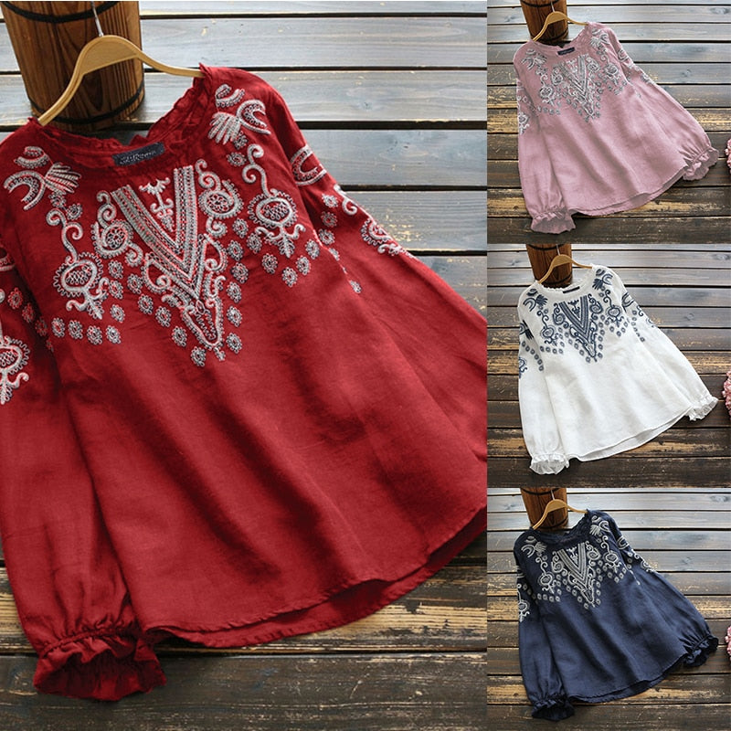 Women's Long Sleeve O Neck Cotton Linen Blouse
