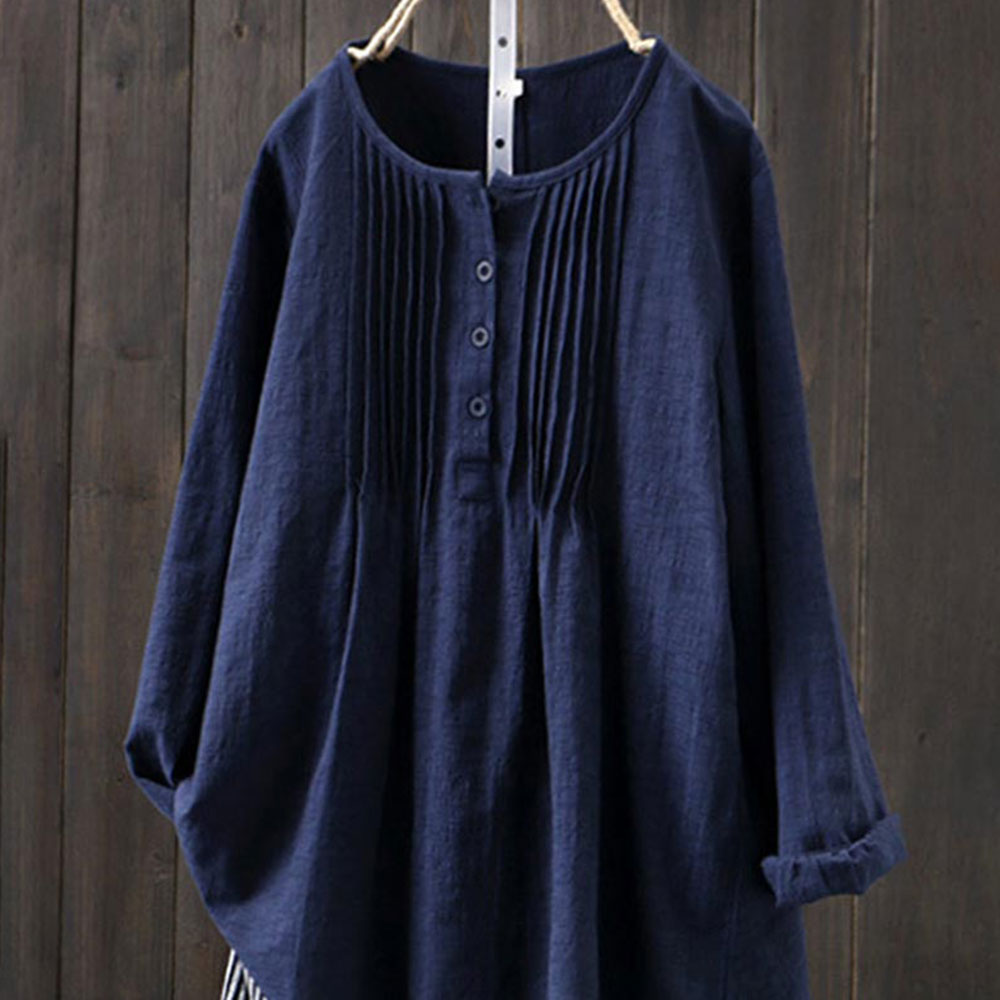 Women's Long Sleeve O Neck Loose Cotton and Linen Blouse