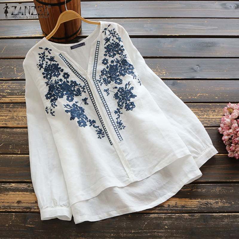 Women's Long Sleeve Embroidery O Neck Cotton Linen Shirt