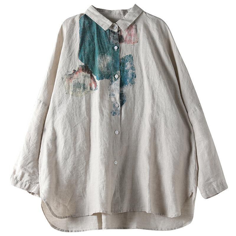 Women Long Sleeve Loose Vintage Print Cotton Linen Shirts