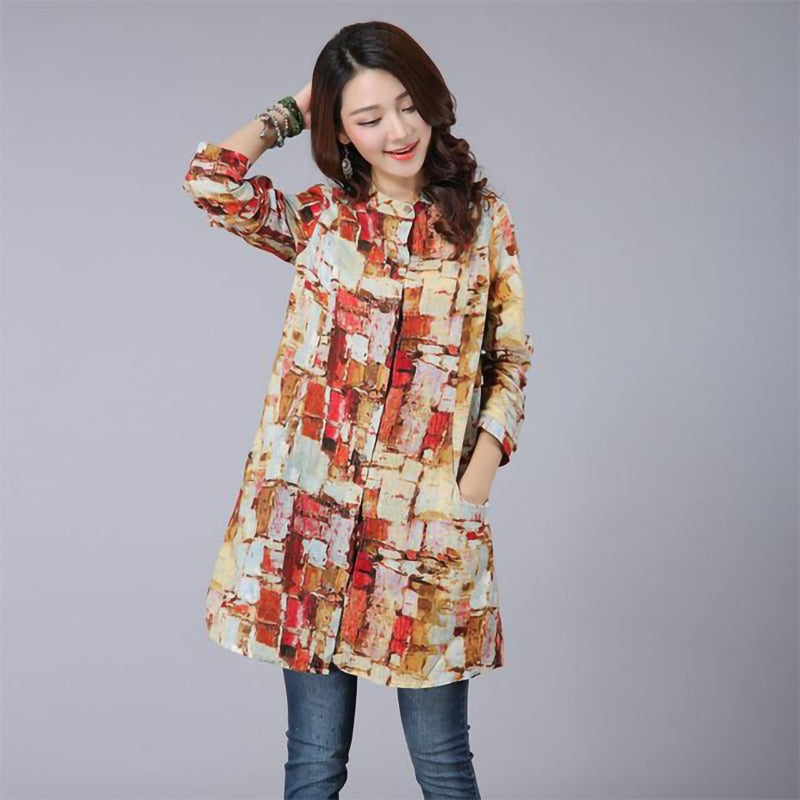 Women Long Sleeve Vintage Cotton Linen Plaid Shirt