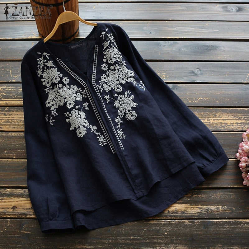 Women's Long Sleeve Embroidery O Neck Cotton Linen Shirt