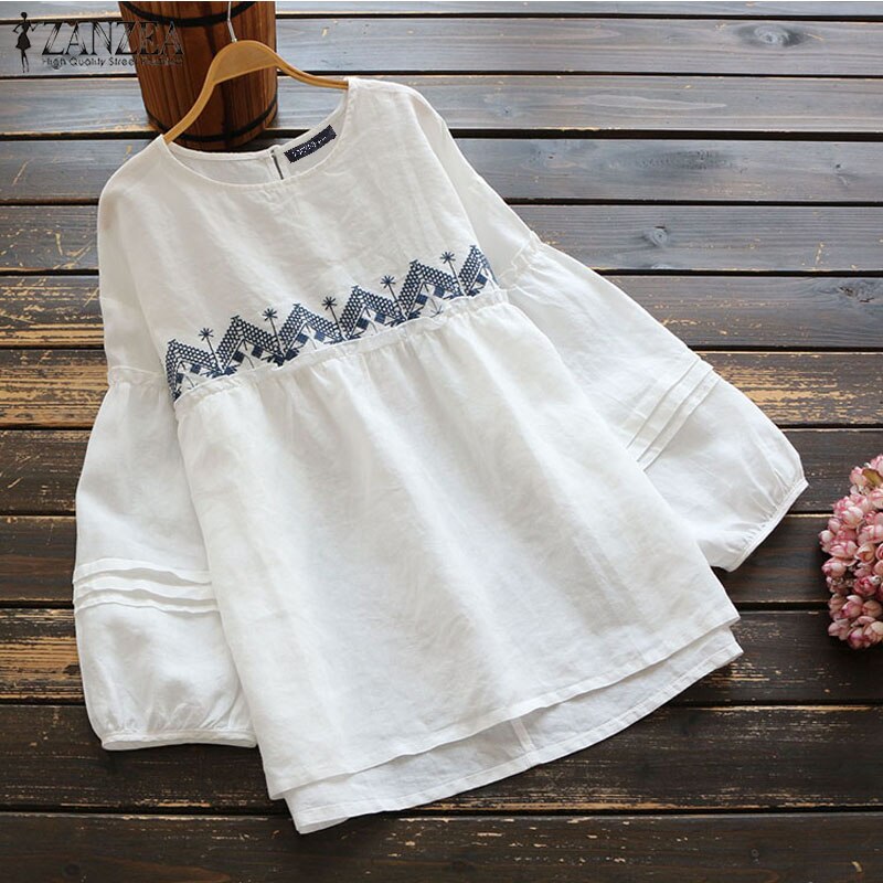 Women's Long Sleeve Embroidery O Neck Cotton Linen Shirt