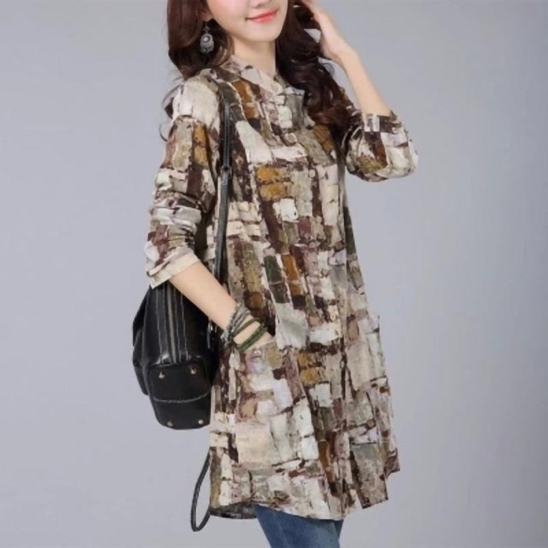 Women Long Sleeve Vintage Cotton Linen Plaid Shirt