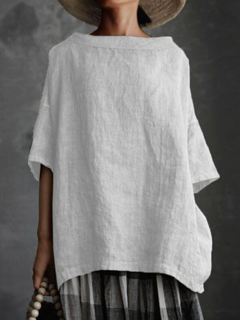 Women's Short Sleeve O-Neck Cotton and Linen Loose Blouses