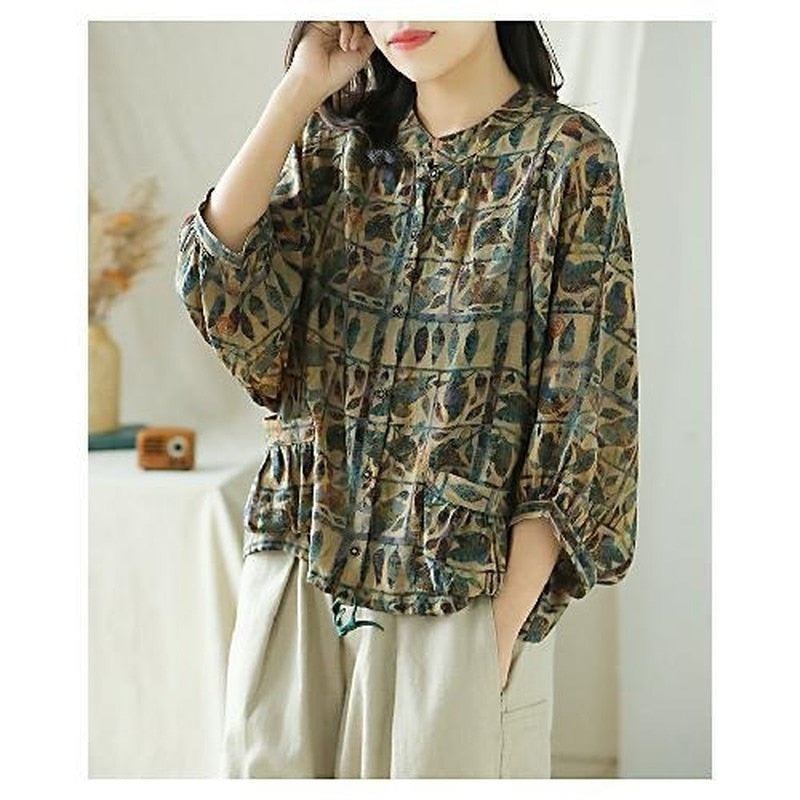 Women's Puff Sleeve O-Neck Cotton Linen Shirt