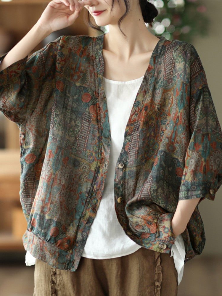 Women's Three Quarter Sleeve V-Neck Loose Cotton Linen Tops