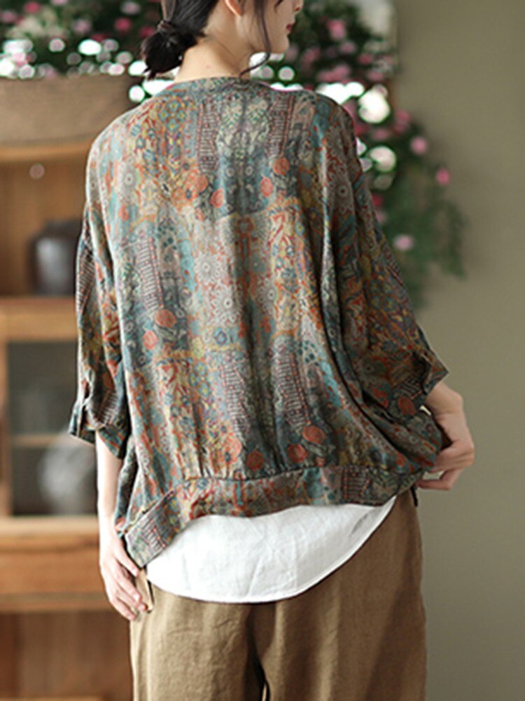 Women's Three Quarter Sleeve V-Neck Loose Cotton Linen Tops