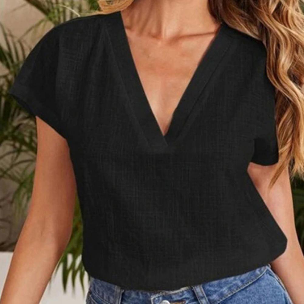 Women's Short Sleeve V-Neck Cotton Linen Blouse