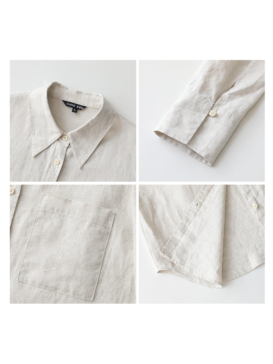 Women's Long-sleeved Solid Loose Fit Linen Shirt