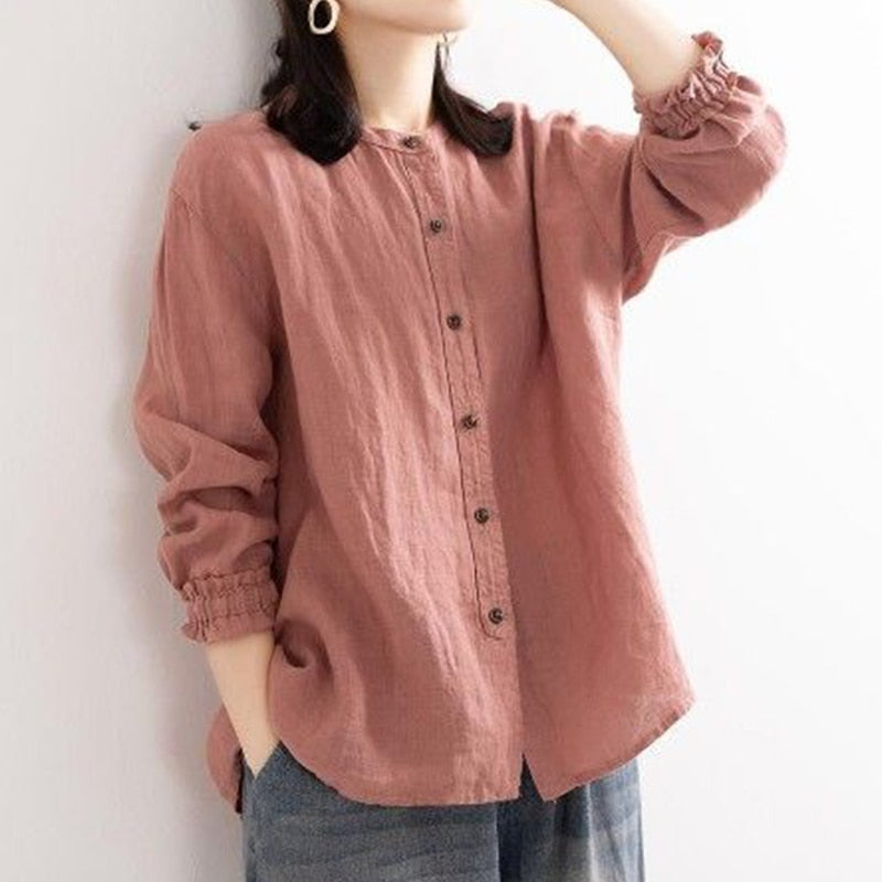 Women Long Sleeve O-neck Loose Cotton Linen shirt