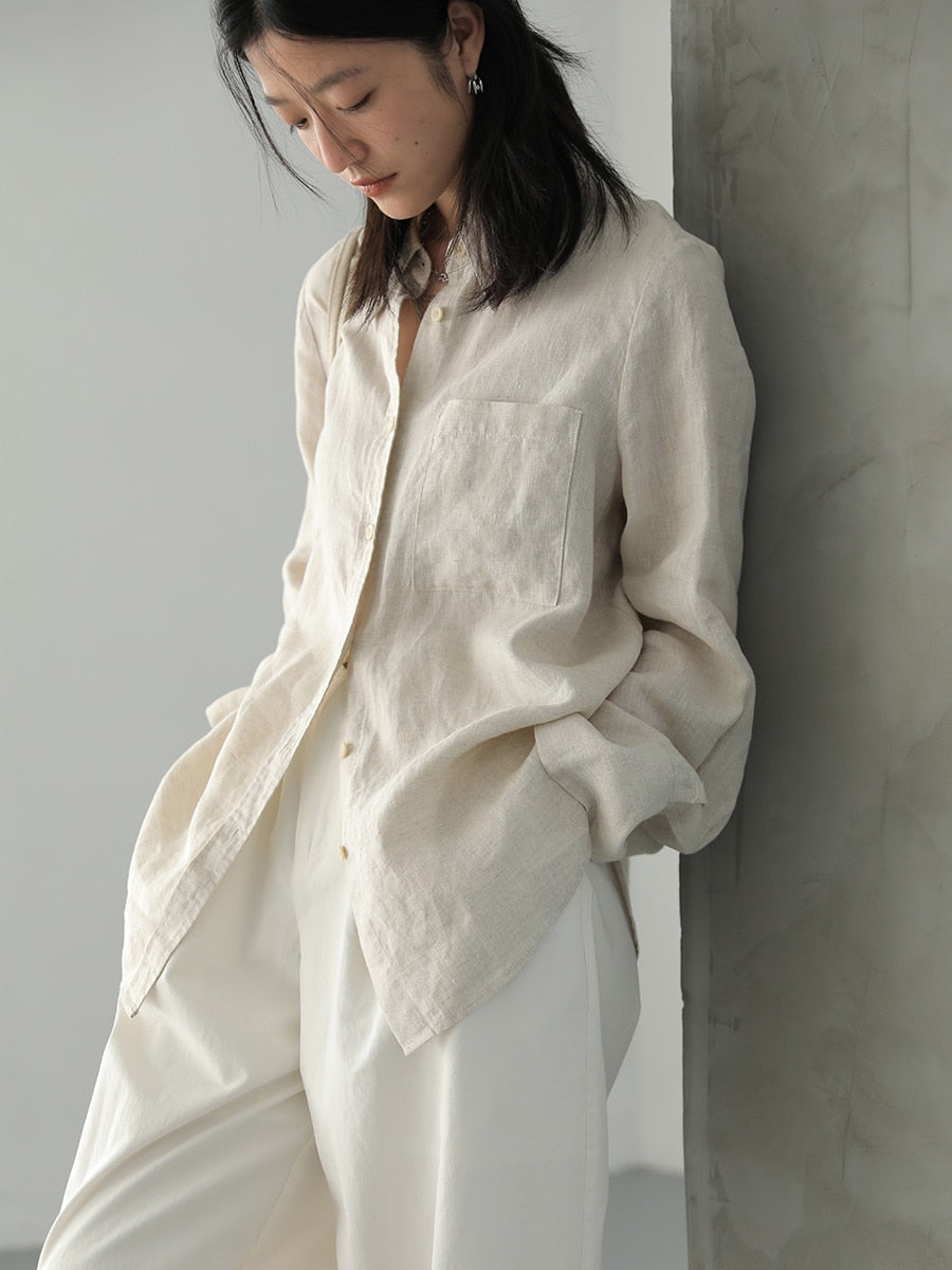 Women's Long-sleeved Solid Loose Fit Linen Shirt