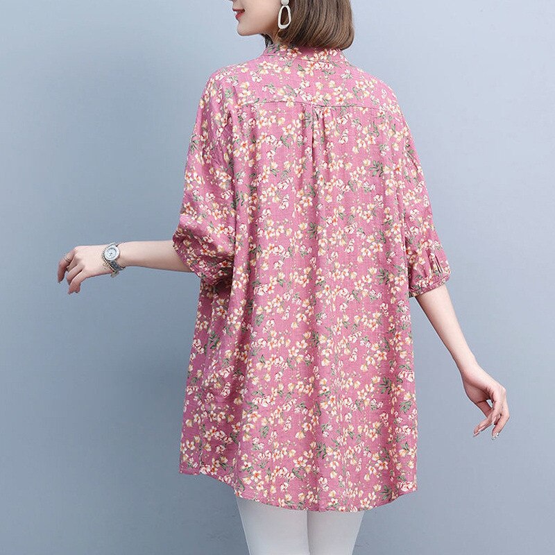 Women's Half Sleeve Oversized Cotton Linen Long Top Blouse