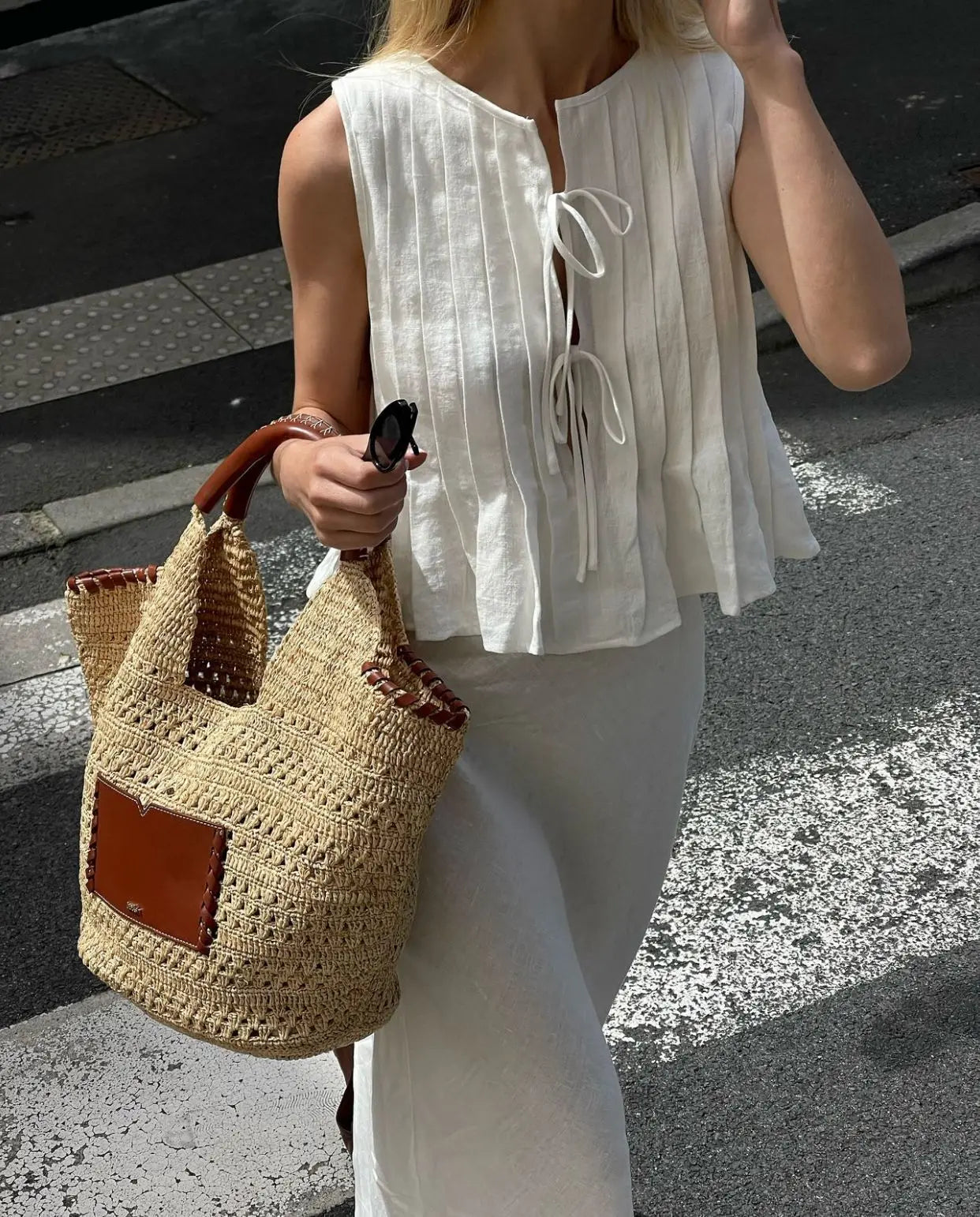 Fashion Bow Lace-Up Cotton Linen Sleeveless Blouse