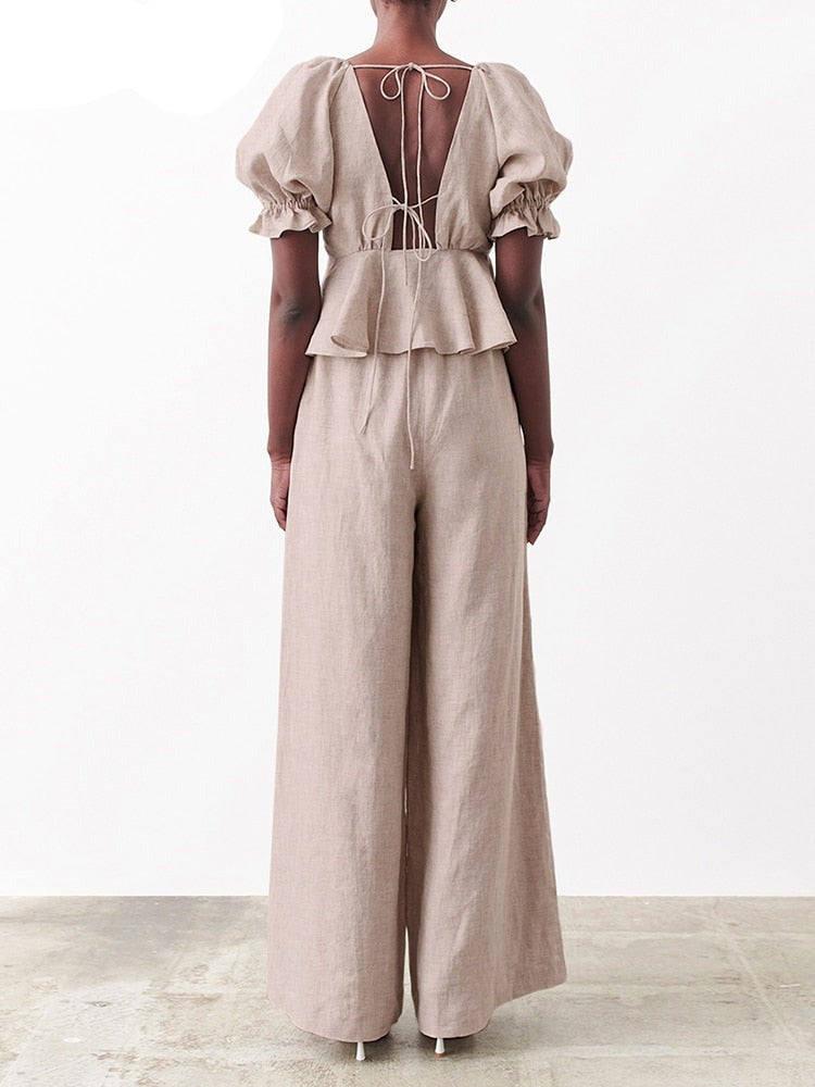 Women's Puff Sleeve Deep V-Neck COTTON Linen Shirt