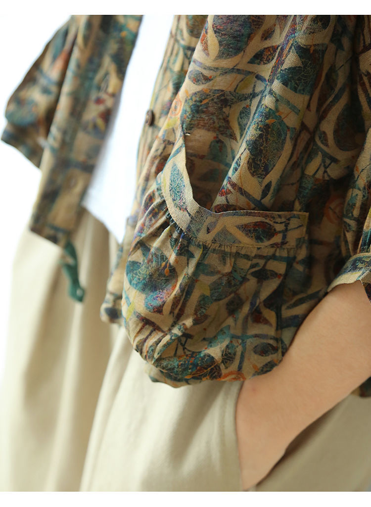 Women's Puff Sleeve O-Neck Cotton Linen Shirt