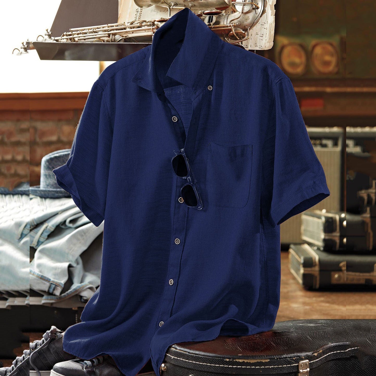 Men's Short Sleeve Casual Slim Cotton Linen Shirts