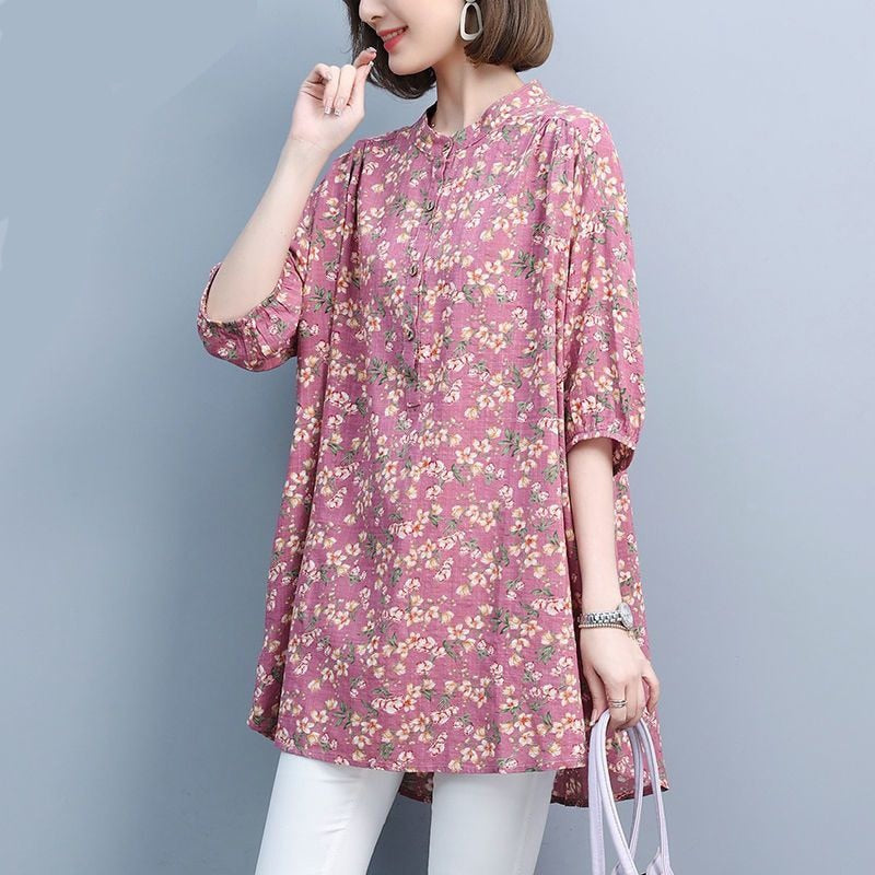 Women's Half Sleeve Oversized Cotton Linen Long Top Blouse