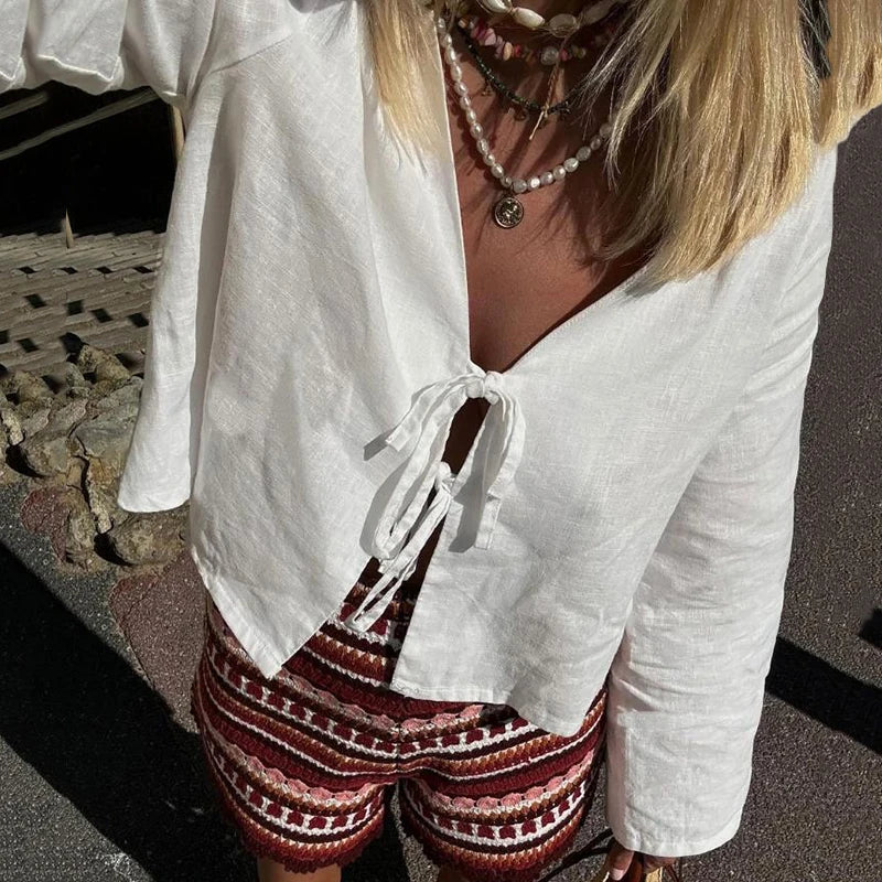 Women’s Cotton Linen Lace-Up Bow Shirt