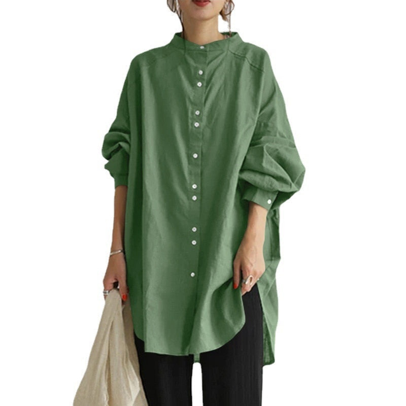 Women's Long Sleeve Button O-Neck Cotton Linen Blouse