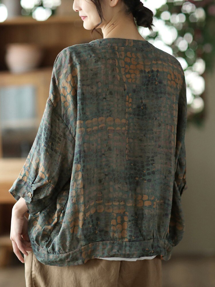Women's Three Quarter Sleeve V-Neck Loose Cotton Linen Tops