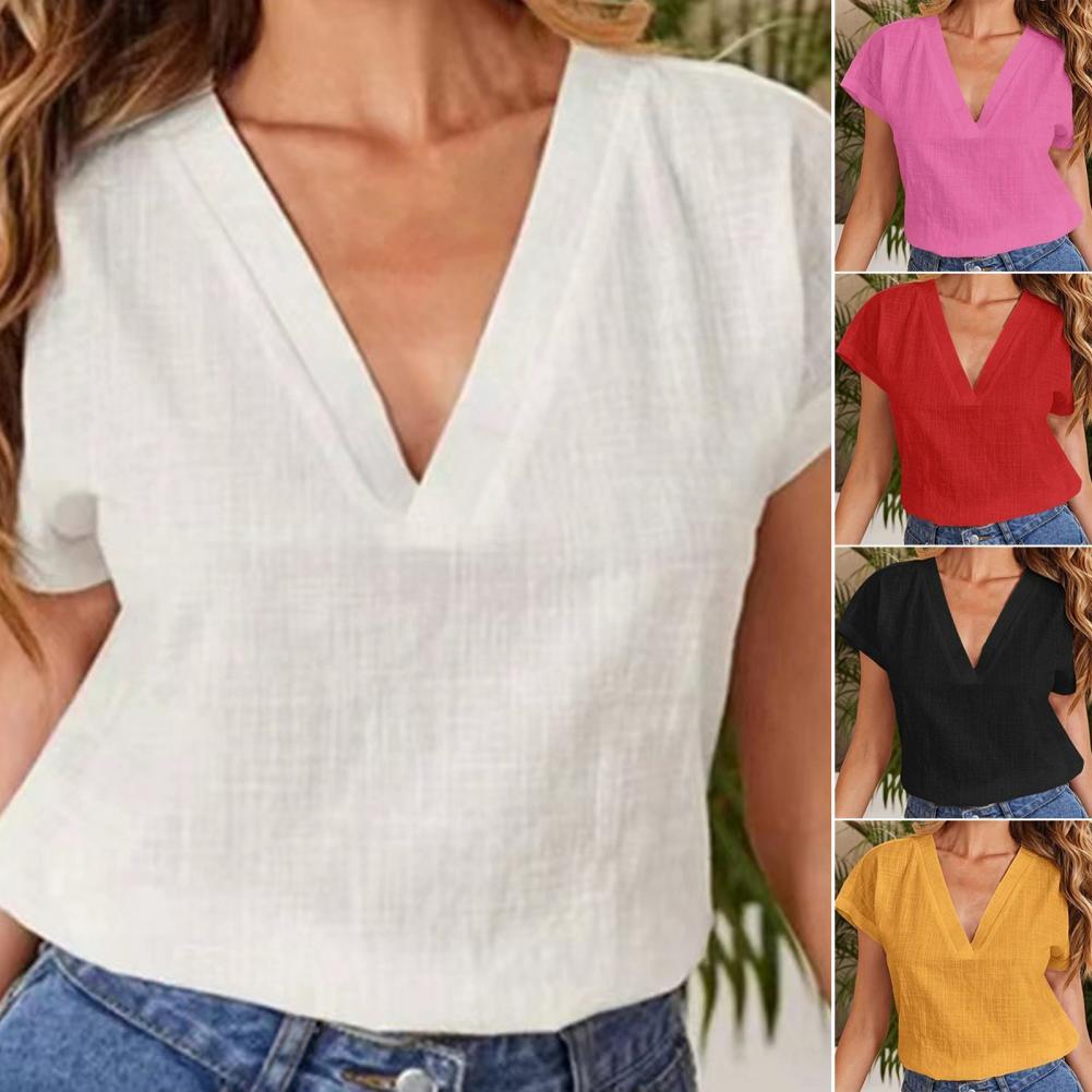 Women's Short Sleeve V-Neck Cotton Linen Blouse