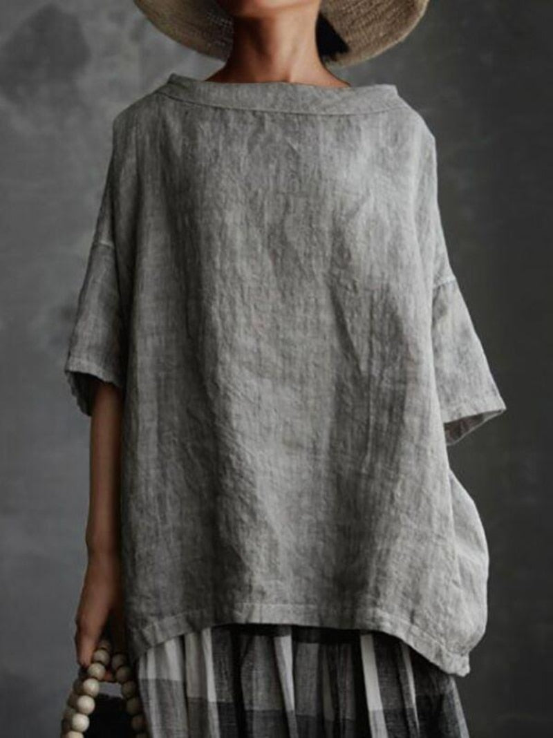 Women's Short Sleeve O-Neck Cotton and Linen Loose Blouses